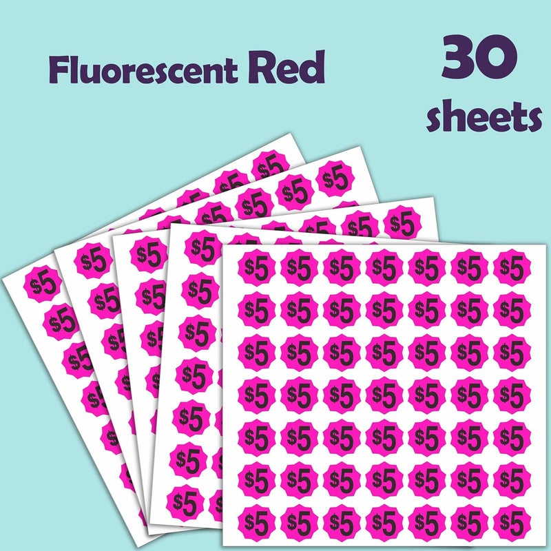 YSHIHE Yard Sale Price Stickers, Garage Sale Stickers, 1470 Pieces, 3/4 Inch Round, $5 Pre-Printed Labels, Fluorescent Red - Image 3